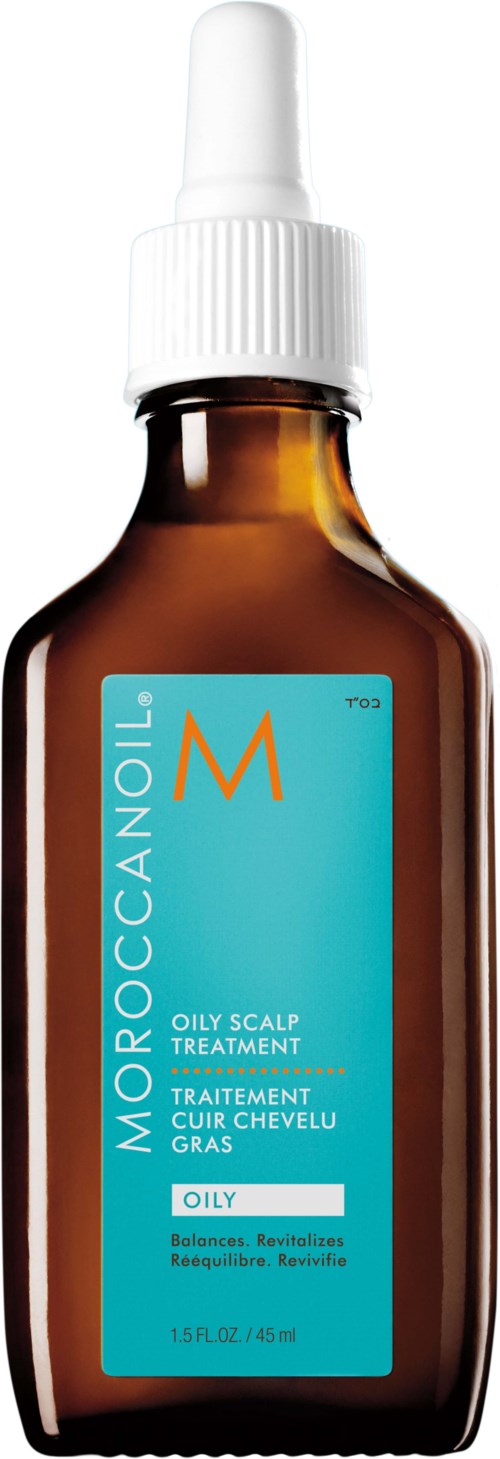Flaska med Moroccanoil för fet hårbotten med spray. Brun flaska med blå etikett som säger 'Moroccanoil' och behandlingsinformation.