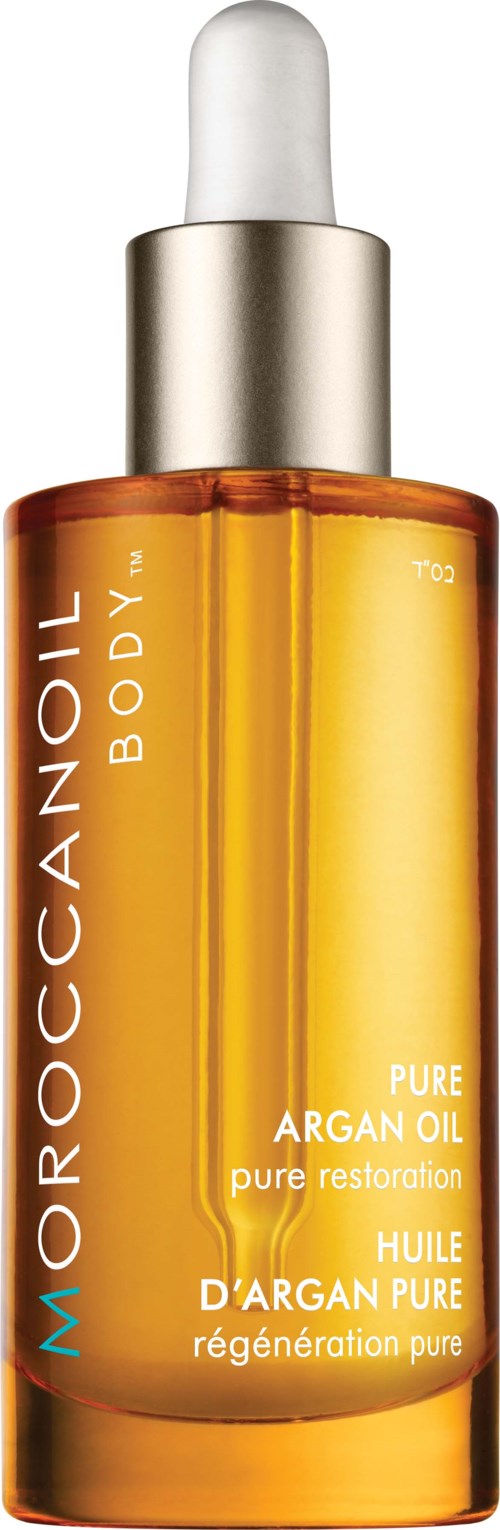 En liten flaska arganolja med dropptopp, märkt 'Moroccanoil Body' och 'Pure Argan Oil'.