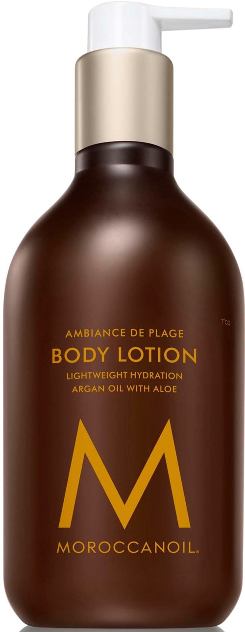 Eine braune Flasche mit weißer Pumpe enthält marokkanische Körperlotion mit Arganöl und Aloe. Es hat goldene und gelbe Beschriftung.