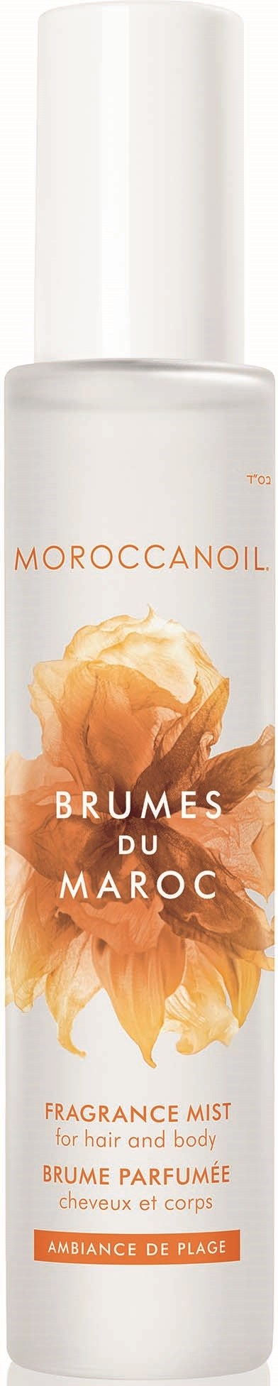 En vit flaska med en orange blommabild, märkt Moroccooil Brumes du Maroc doftmist för hår och kropp.