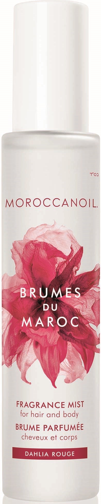 En vit flaska märkt Moroccanoil Brumes du Maroc med en rosa blomma design, för hår- och kroppsdoftmist.