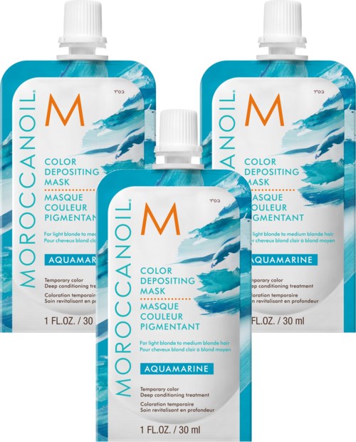 Tre flasker Moroccanoil farvetilførende maske med blå og hvid bølge design, mærket til akvamarin hår, 30 ml hver.