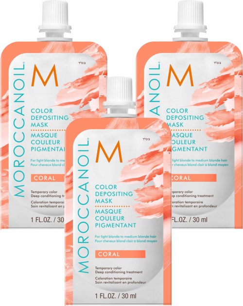 Drei Flaschen MoroccanOil Farbdeposit-Maske mit Korallen-Design und weißen Deckeln.