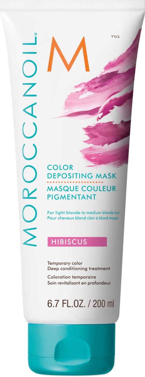 En tube med Moroccanoil fargebevarende maske i rosa, med tekst på engelsk og fransk, og et rosa og lilla abstrakt design.