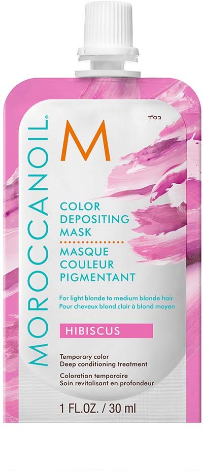 En rosa og hvid MOC7000 Hydra Mask tube med hvid låg og farverig tekst om hårfarvning.