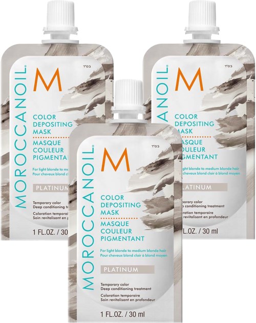 Tre store flasker Moroccanoil farveaflejring maske, mærket platinum, til blondt hår, 30 ml hver.