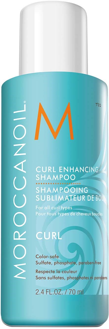 A blue bottle of Moroccanoil Curl Enhancing Shampoo with white cap and orange 'M' logo.