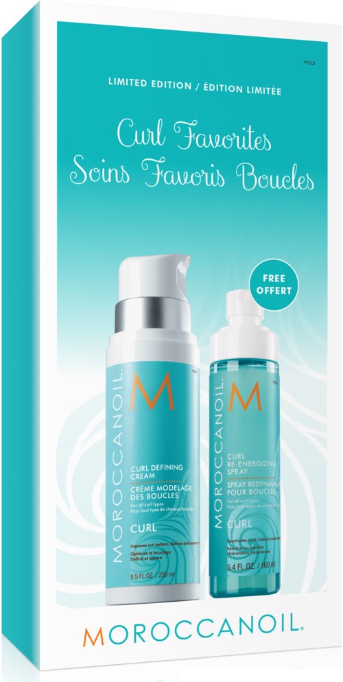 En förpackning för Moroccanoil hårprodukter, fokuserar på lock och glans, med blå och vita färger och produktbilder.