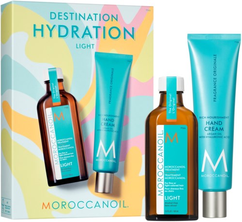Box with hand cream bottles and tube, colorful background, advertising Hydration Light skincare.