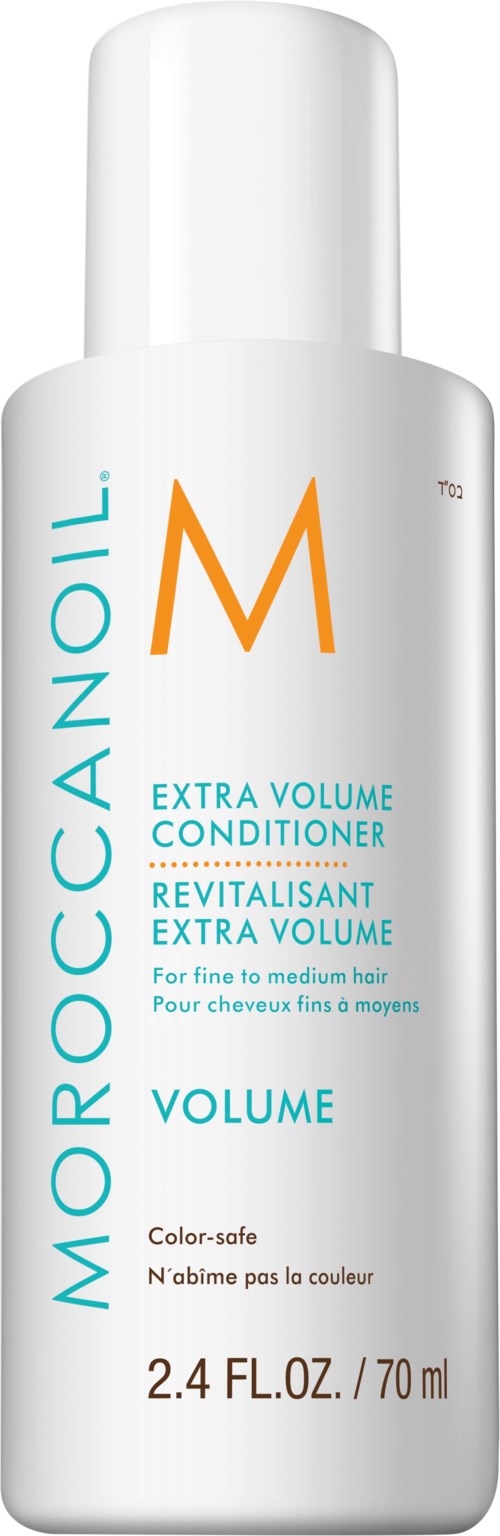 En vit flaska av Moroccanoil Extra Volume Conditioner med blå och orange text, storlek 70 mL.