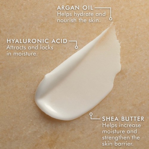 Diagram som viser fordelene med hudpleieingredienser: arganolje, hyaluronsyre og sheasmør. Hver hjelper med å hydrere, låse fukt og styrke huden.