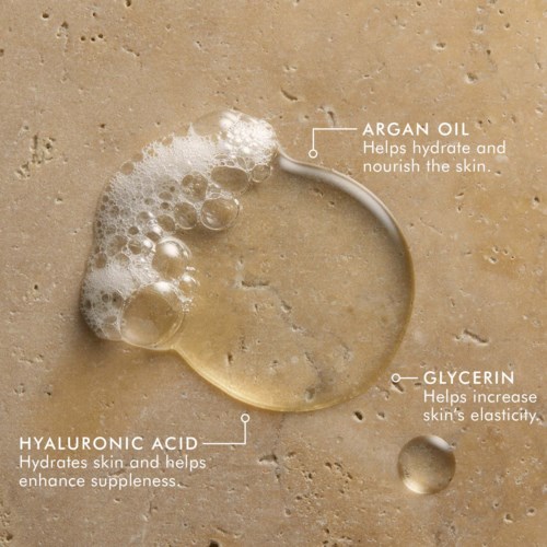 Ein Diagramm zeigt Arganöl, Glycerin und Hyaluronsäure auf einer beigen Oberfläche, erklärt ihre Hautvorteile.