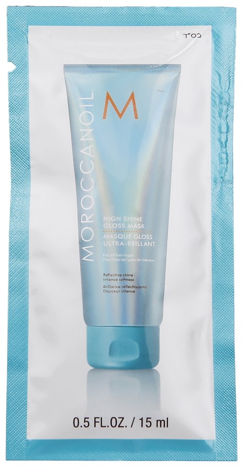 En engångsförpackning av Moroccanoil High Shine Gloss Mask, blå och vit, med produktuppgifter på framsidan.