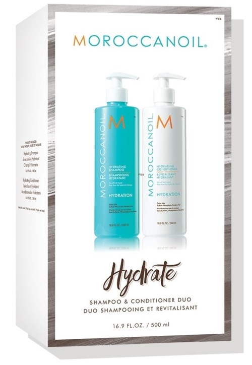 To flasker med Moroccanoil Hydrate sjampo og balsam med pump på emballasjen.