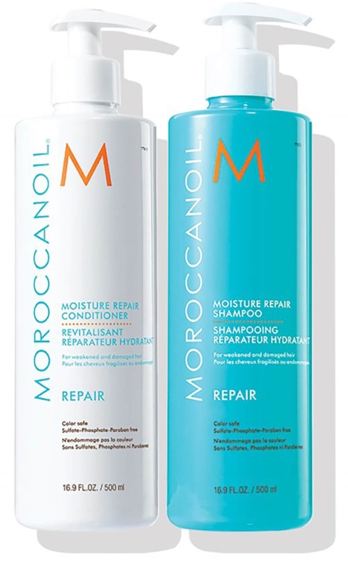 To flasker med MoroccanOil fuktighetsreparerende sjampo og balsam, hvite og blå flasker, for skadet hår.