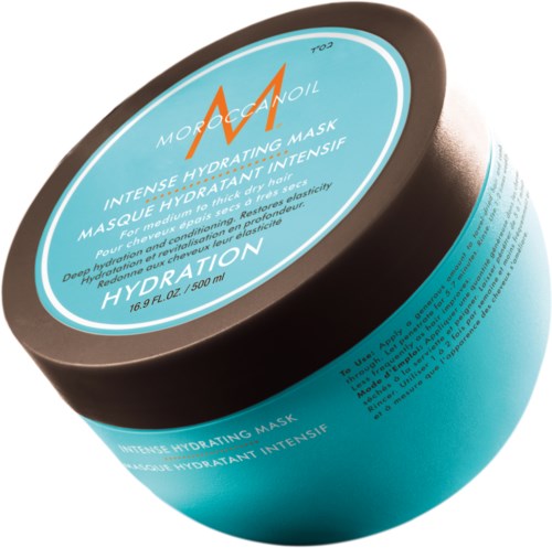 Glasset er blå med brun låg. Det er en fugtgivende ansigtsmaske fra Moroccanoil til intens fugtighed.