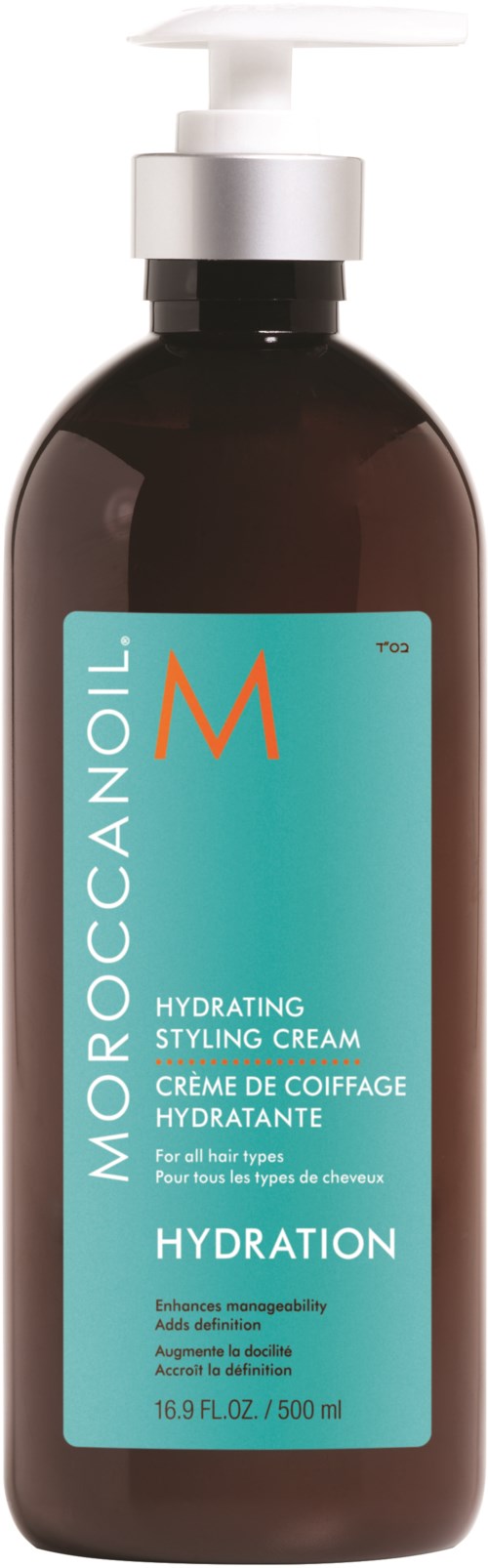 En brun flaska med vit pump, blå etikett och text om återfuktning och stylingskräm för hårvård.