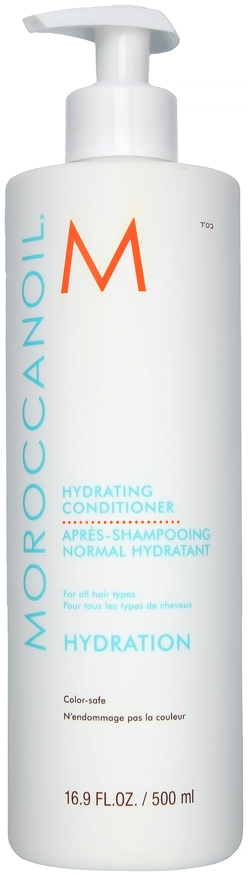 Eine weiße Flasche mit Pumpaufsatz, gekennzeichnet Moroccanoil Hydrating Conditioner für normales Haar, 16,9 FL OZ (500 ml).