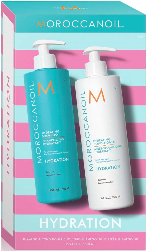 Two bottles of hydrating shampoo and conditioner in box with pink and blue stripes. Brand name MOROCCANOIL.