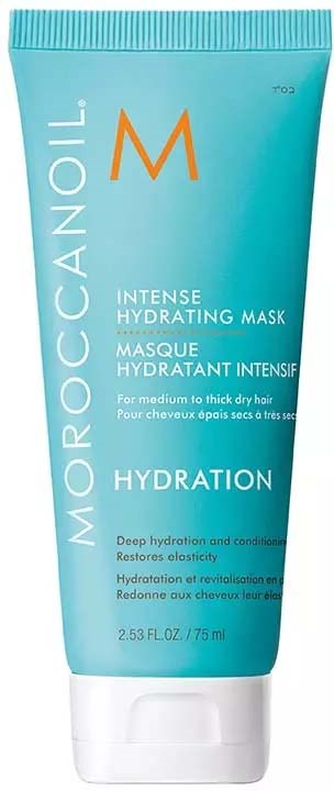Blå tub med Moroccanoil Intense Hydrating Mask för torrt, medel till tjockt hår. Betonar återfuktning och elasticitet.
