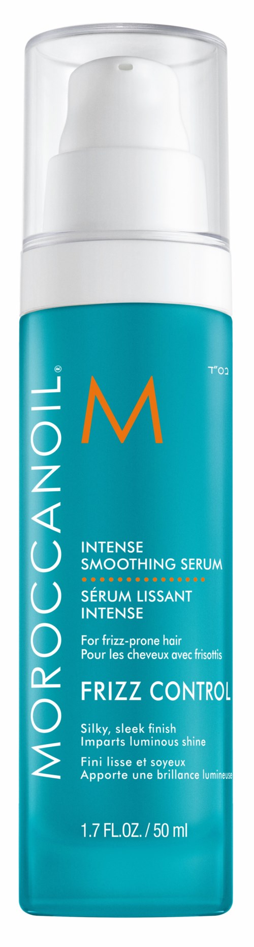En blå flaska Moroccanoil Intense Smoothing Serum med en vit pump, avsedd för frissigt hår.