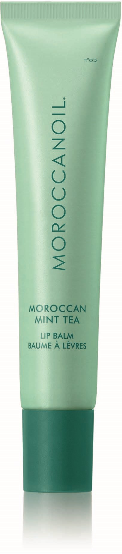 En rörformad läppbalsam av märket Moroccan Mint Tea, ljusgrön med text, står vertikalt.