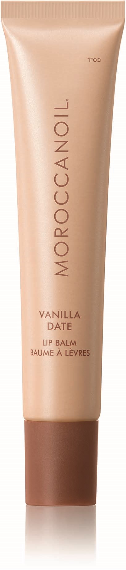 En tub av vaniljdate smörglans från Moroccanoil, i beige och bruna färger.