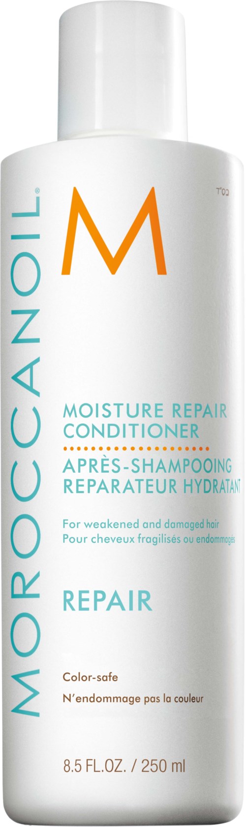 En vit flaska Moroccanoil Moisture Repair Conditioner med stort orange M och blå text.