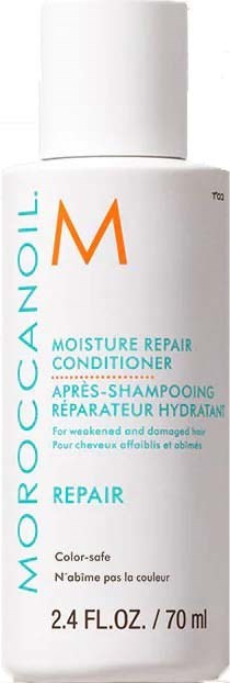 A white bottle with blue and orange text, labeled as moisture repair conditioner for damaged hair.