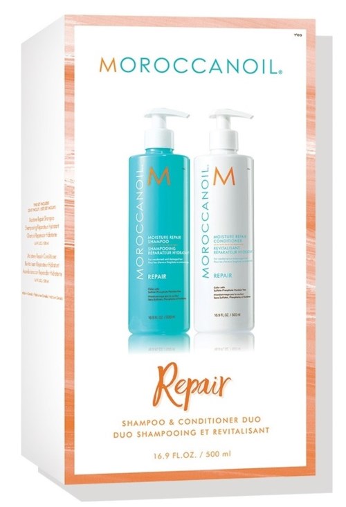En eske viser to Moroccanoil hårprodukter, en blå sjampo og en hvit balsam, merket for reparasjon med pumpeflasker.