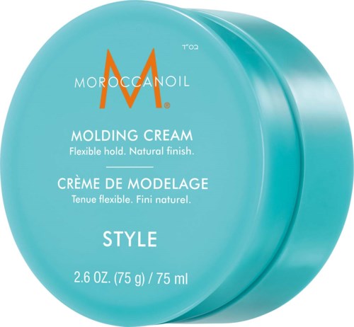 Blue jar of Moroccanoil molding cream with orange logo and white text.