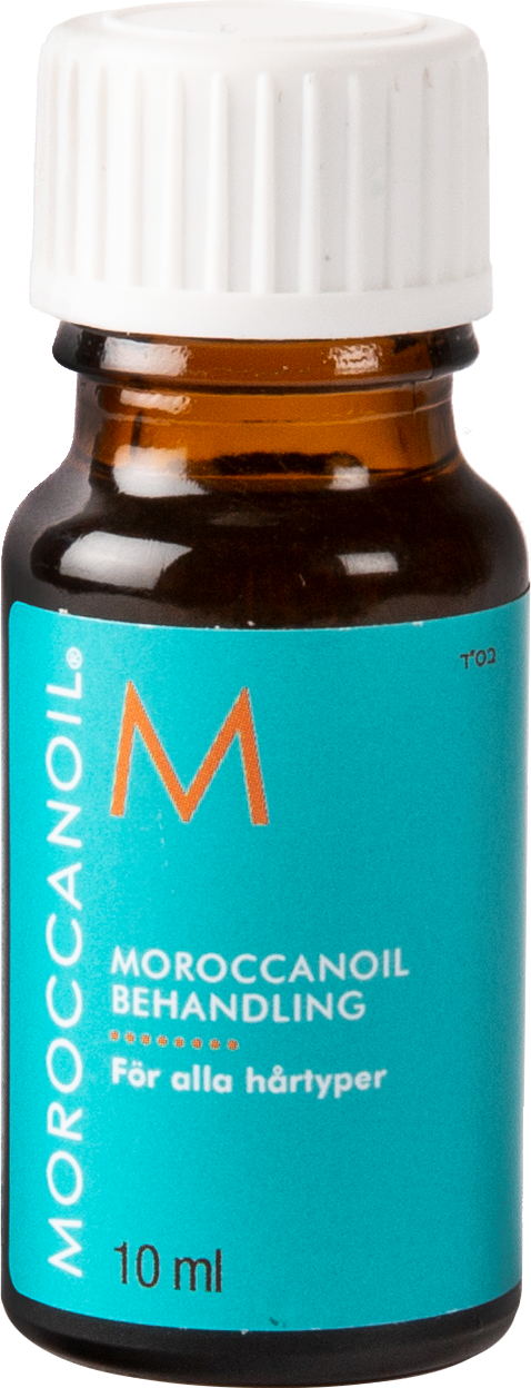 Kleine bruine fles met witte dop, gemerkt Moroccanoil voor haarbehandeling, 10 ml.