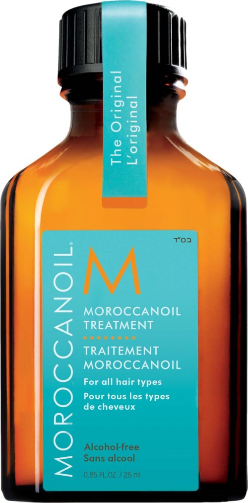 Klein bruin flesje met een blauwe label en een zwarte dop. Voor Moroccanoil-behandeling, alcoholvrij, voor alle haartypen.