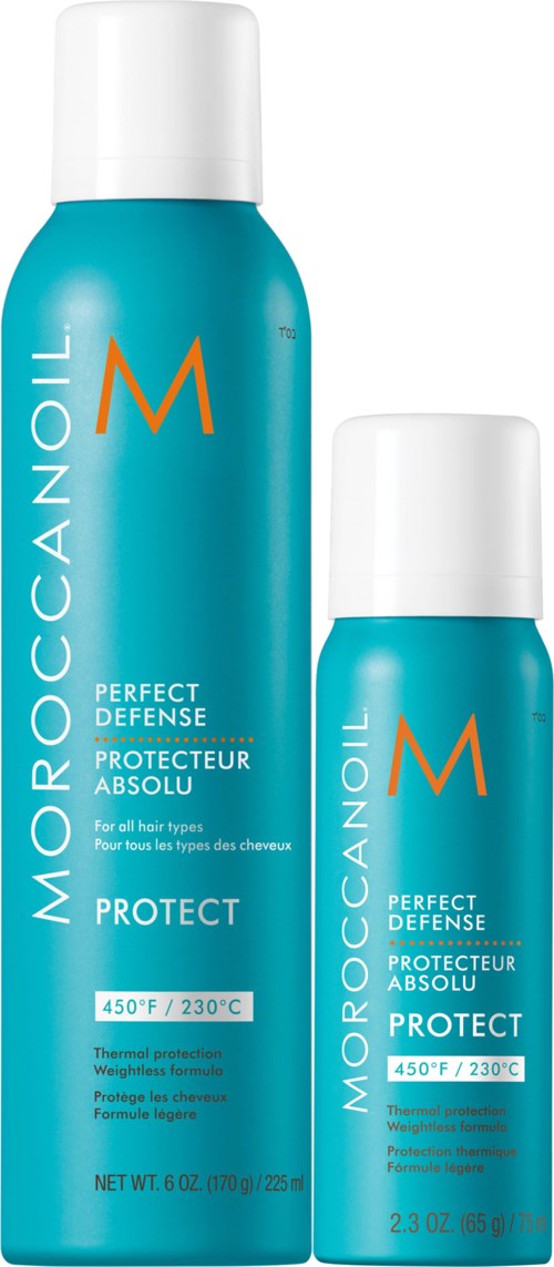 Två blå Moroccanoil hårprodukter, mindre och större, med vita lockar och orange 'M'-logga.