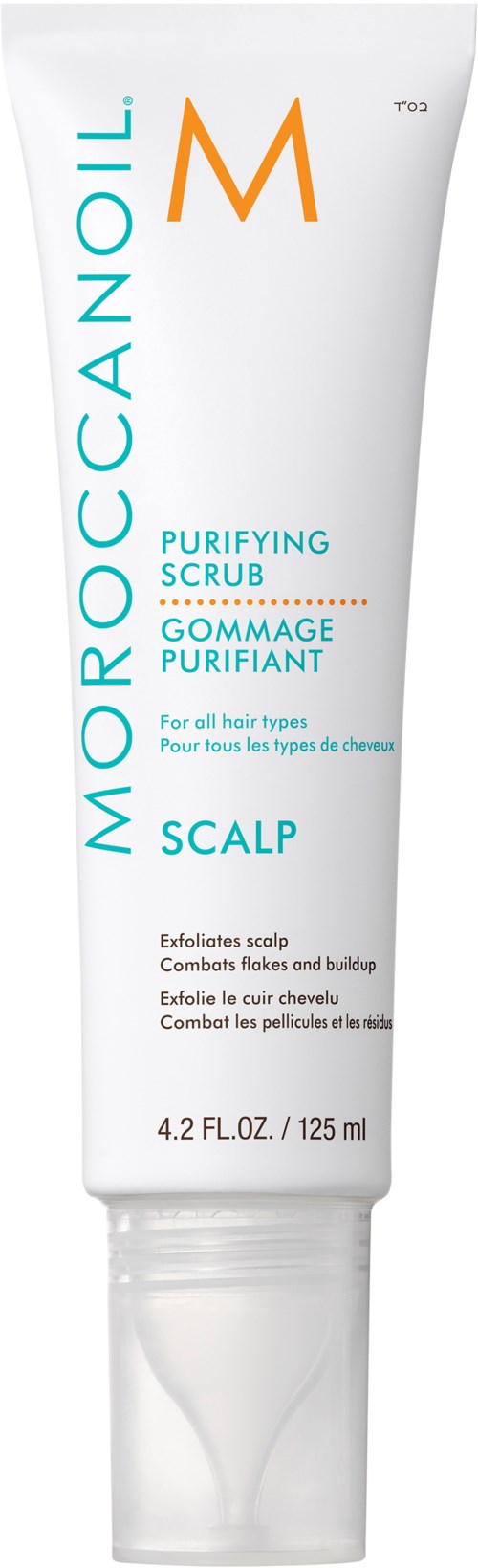 En hvit tube med Moroccanoil rensende skrubb med oransje og blå tekst, designet for hodebunn og hårvask.