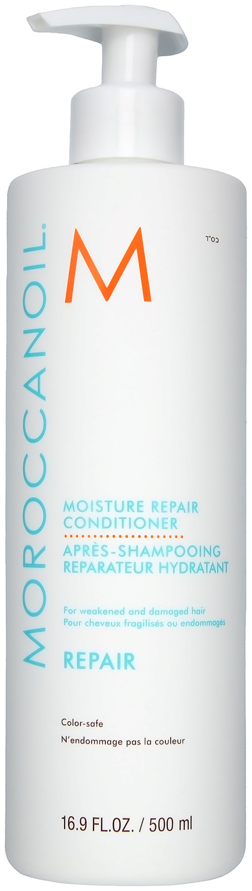A white bottle with a pump, labeled Moroccanoil Moisture Repair Conditioner, used for hair care.