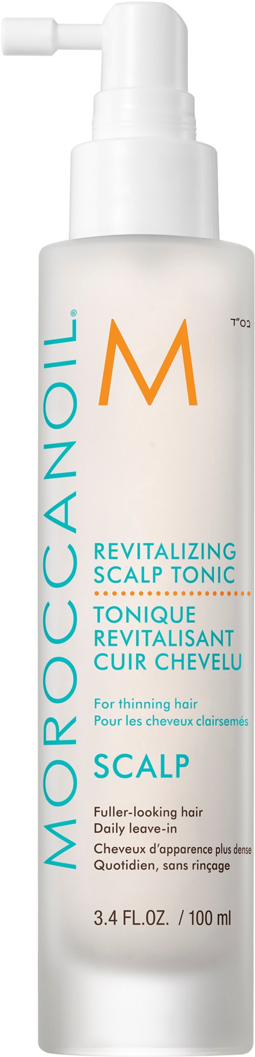 En vit sprayflaska med pump har blå, orange och svart text för hårbottenbehandling.