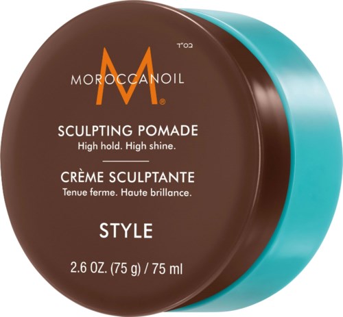En rund hårstylingprodukt beholder med brun lokk og blå kropp, merket Moroccanoil Sculpting Pomade, 75 ml.
