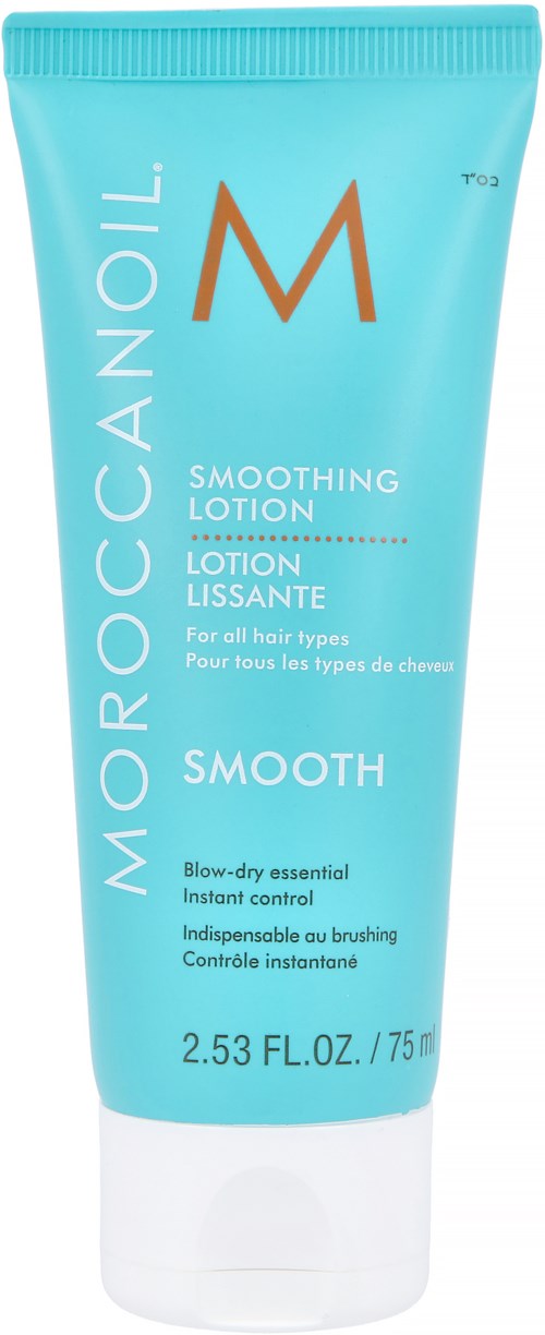 En blå tub med Moroccanoil utjämningslotion med stort M och text om hårvård och omedelbar kontroll.