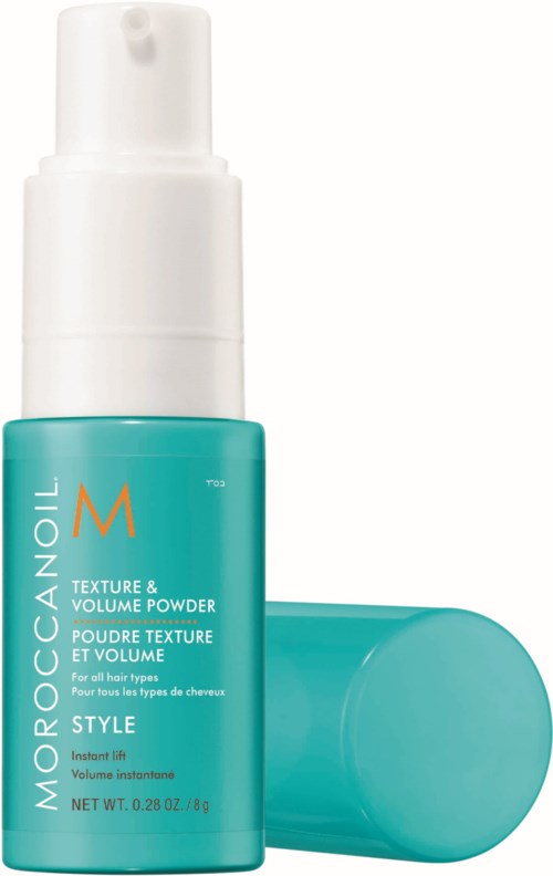 A turquoise bottle of Moroccanoil Texture & Volume Powder with a white cap, designed for hair styling, stands upright.
