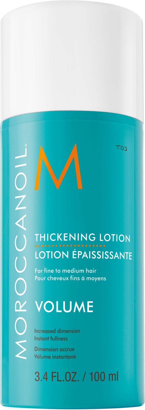 Eine türkisblaue Flasche mit beschriftung 'Moroccanoil,' 'Dickenlotion' und 'Volumen,' mit weißem Deckel und 100 ml Inhalt.