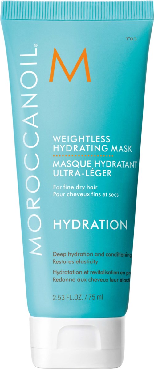 Blå tube med Moroccanoil vektløs fuktgivende maske for tørt hår. Gir dypt næring og gjenoppretter elastisitet.
