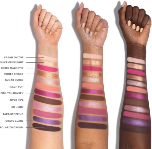 Three arms show different skin tones with colorful lipstick swatches labeled with fun names.