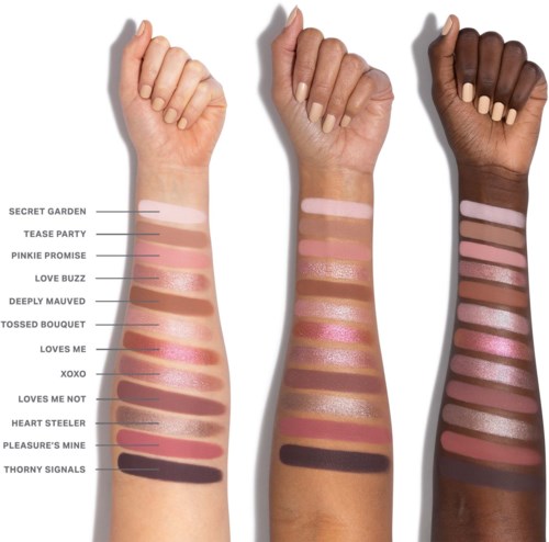 Three arms with different skin tones show various lipstick shades labeled from light to dark.