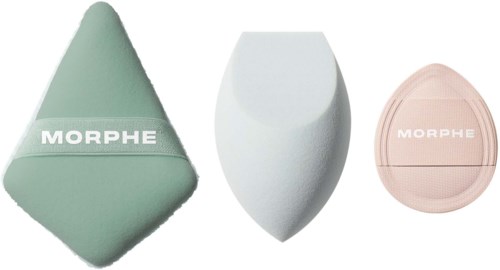 Three different makeup sponges of varying shapes and colors with the brand name Morphe on two of them.