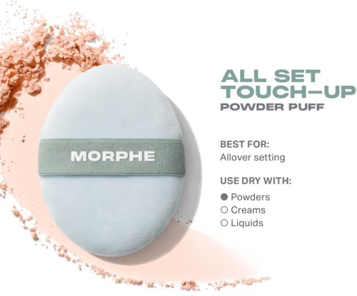 A white round powder puff with a green band shows makeup application. Text suggests it's for dry powders, creams, or liquids.