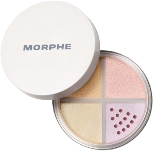 En liten dosa med fyra pastellfärgade puder och prickar för blending eller contouring.