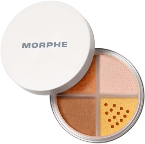 Öppnad makeup-palett med fyra nyanser och prickmönster i gul sektion.