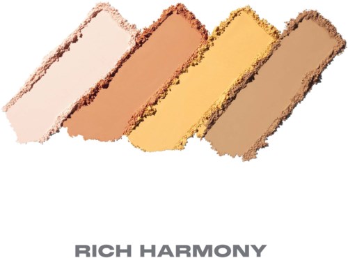 Prövar av fyra skimriga sminkfärger: ljusrosa, brons, guld och brunt, arrangerade diagonalt med etiketten Rich Harmony.