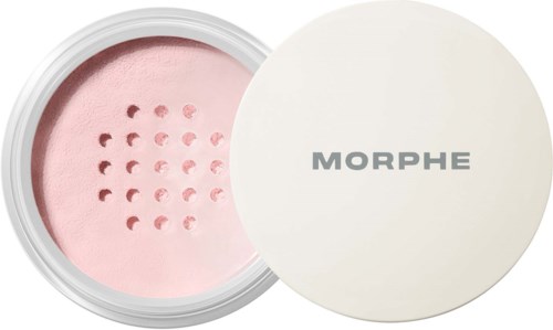 Rosa makeupprodukt i en rund behållare med ett vitt lock som säger MORPHE.
